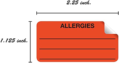 Allergies Sticker with Dispenser Box / 250 Allergy Stickers/Fluorescent Red Warning 1.125" x 2.25" Label