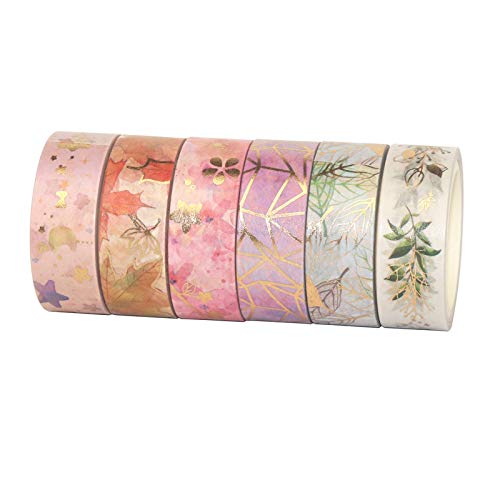 YUBBAEX Floral Gold Washi Tape Set 6 Rolls VSCO Foil Masking Tape Decorative for Arts, DIY Crafts, Journal Supplies, Planners, Scrapbook, Card/Gift Wrapping -15mm- (Romantic Flowers) Romantic Flowers