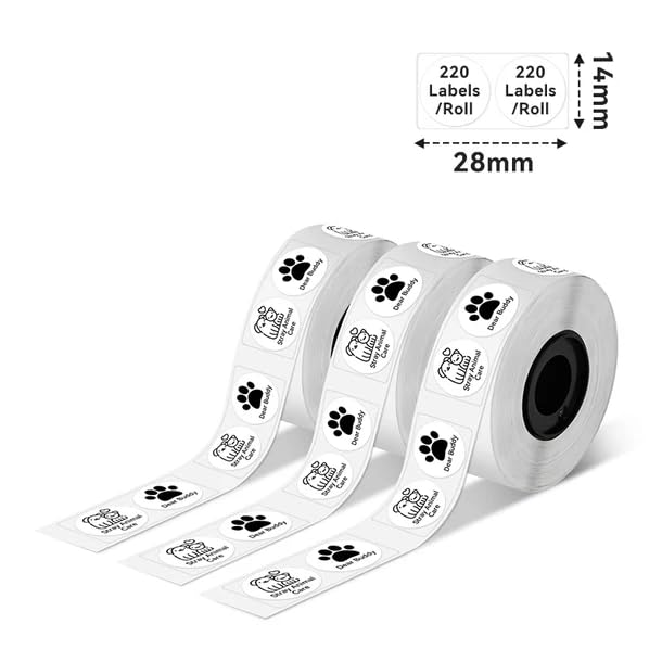 Phomemo D30 Label Tape Circle Round Shape Black Print on White Sticker, 14x28 mm, Self-Adhesive Thermal Label Tape, 0.55 x 1.1 Inch (1/2" x1") 220 Tapes/Roll, 3-Roll, Cloth Size Label