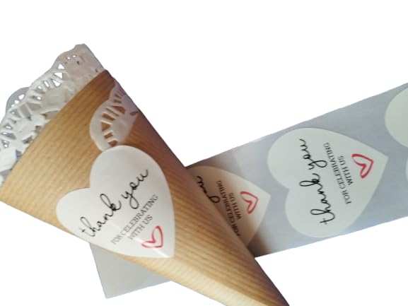 Thank you labels in heart shape, 5 cm, glossy polypropylene, printed in 2 colours. Thank you for celebrating with us