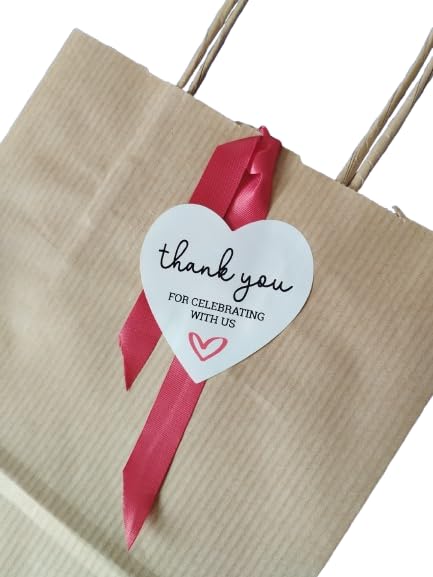 Thank you labels in heart shape, 5 cm, glossy polypropylene, printed in 2 colours. Thank you for celebrating with us