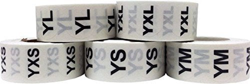 Youth Clothing Size Stickers Labels for Retail Apparel YXS YS YM YL YXL Round Clear with Black Ink