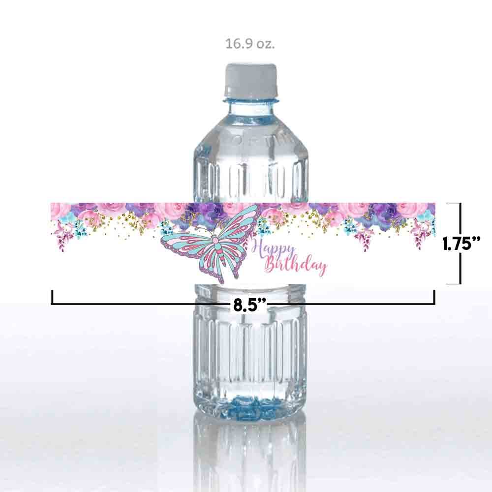 Floral Watercolor Butterfly Birthday Themed Waterproof Water Bottle Sticker Wrappers 20 Wrap Around Labels Sized 1.75" x 8.5" by AmandaCreation