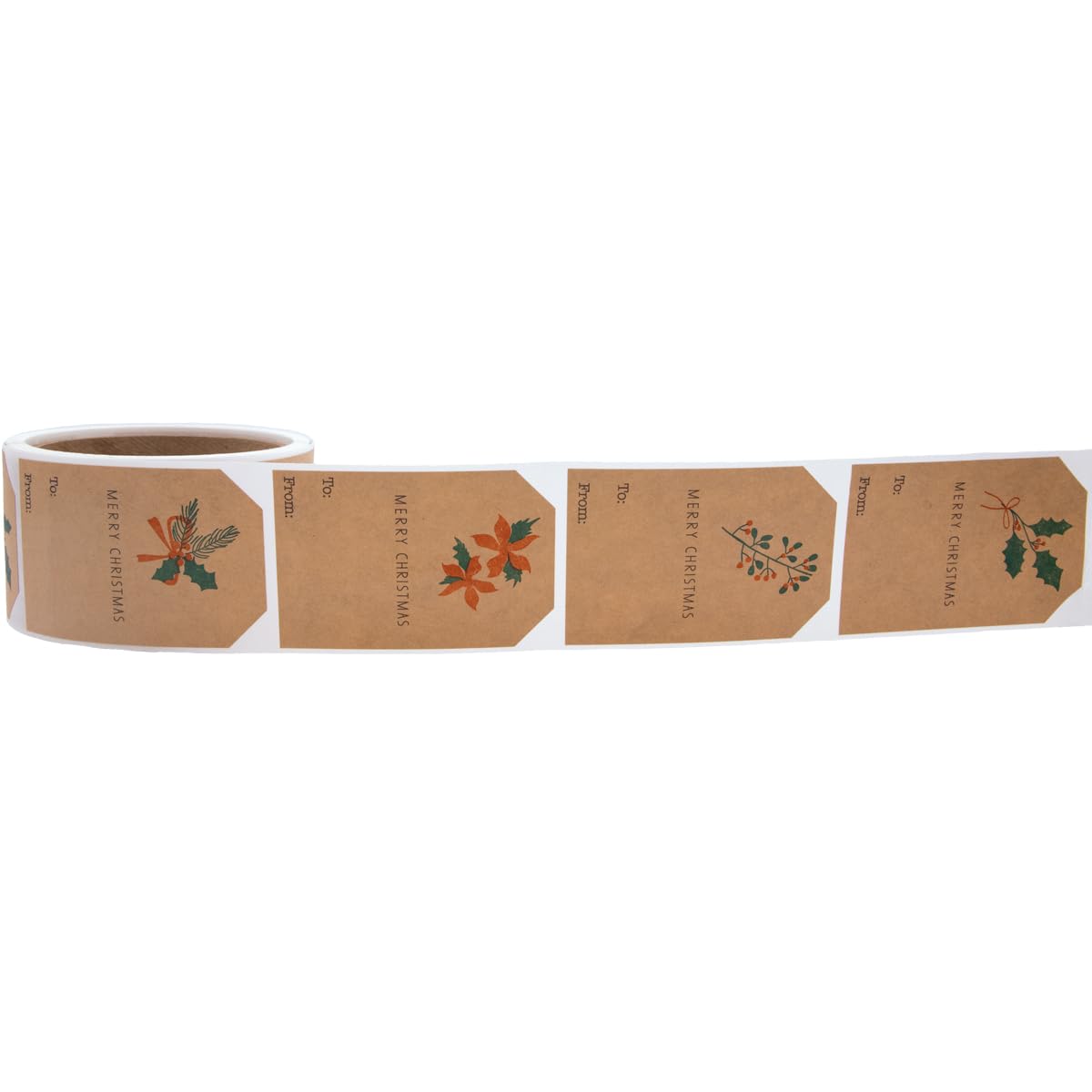 Mistletoe Holiday Gift Tags – 2 x 3 Inch Adhesive Labels with 4 Festive Mistletoe & Holly Designs – 100 Eco-Friendly Kraft Tags, Permanent Adhesive, Made in The USA