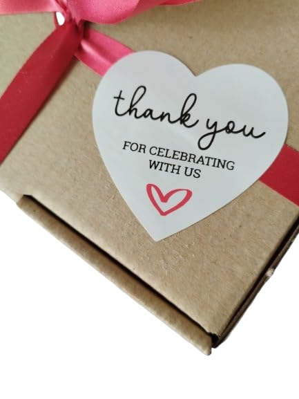 Thank you labels in heart shape, 5 cm, glossy polypropylene, printed in 2 colours. Thank you for celebrating with us
