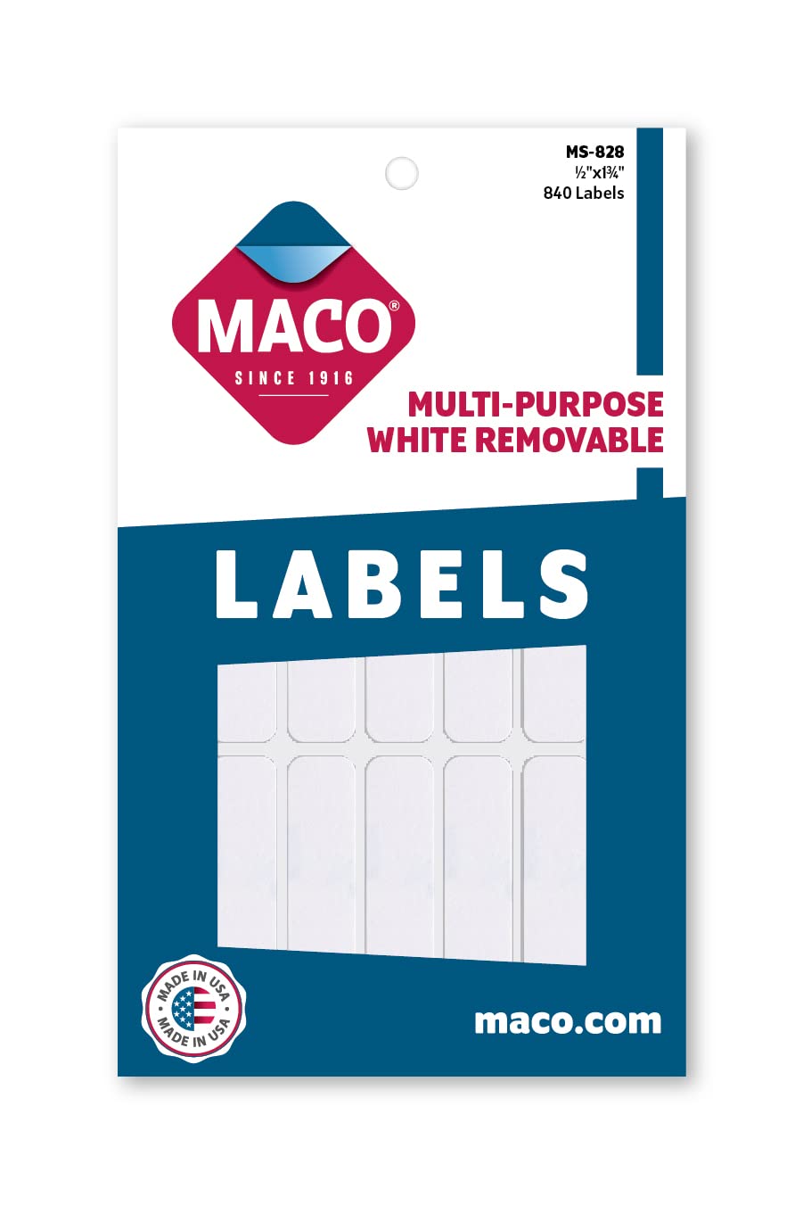 MACO White Rectangular Multi-Purpose Labels, 1/2 x 1-3/4 Inches, 840 Per Box (MS-828)