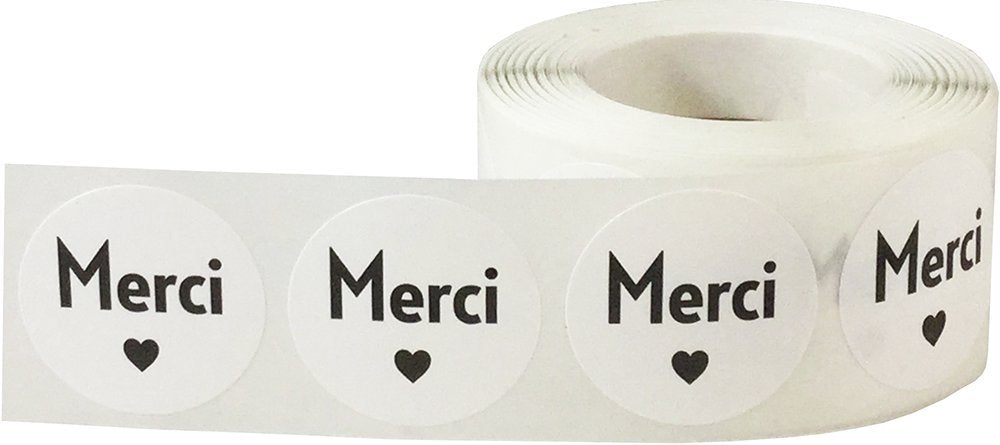 Merci French Thank You White Adhesive Stickers 1 Inch Round Circle Dots 500 Labels Per Roll