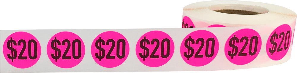 $20 Price Stickers Fluorescent Pink .75 Inch Round Circle Dots 500 Total Adhesive Stickers