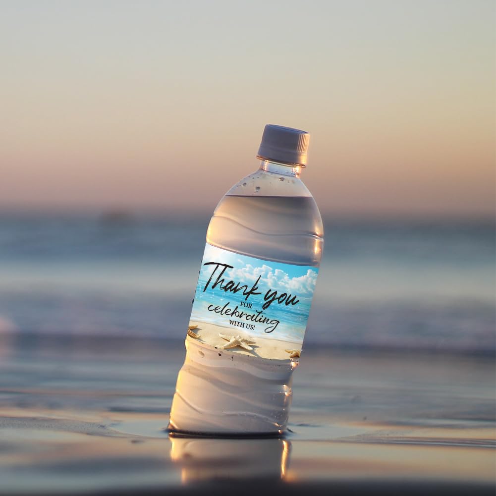 PH PandaHall 30pcs Beach Theme Water Bottle Labels, Summer Beach Water Bottle Stickers, Waterproof, Adhesive, Wedding Party Decorations