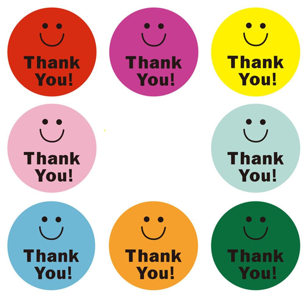 500 Pcs Thank You Stickers 8 Designs Colorful Smiley 1 Inch Thank You Stickers for Packaging Thank You Stickers for Baking Packaging Envelope Seals Small Business Thank You Label