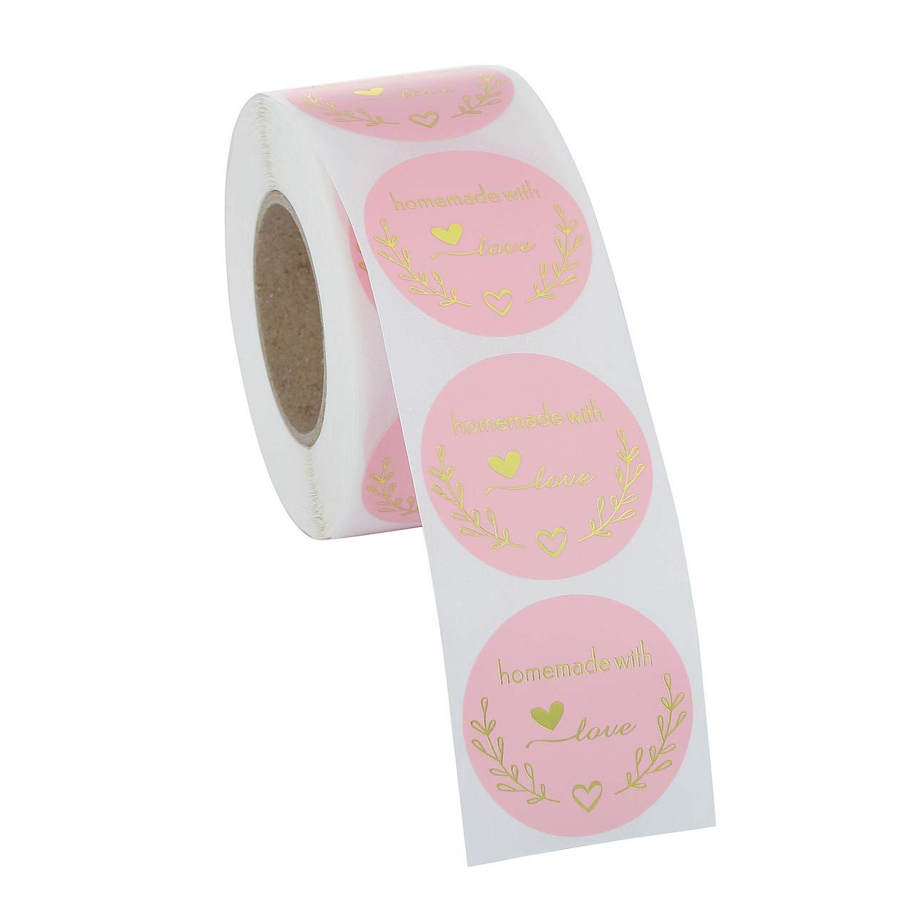 Yoption 1.5 Inch Round Homemade with Love Stickers Pink for Packaging, Cookie Bags, Small Shop Local Handmade, 500 Labels per Roll