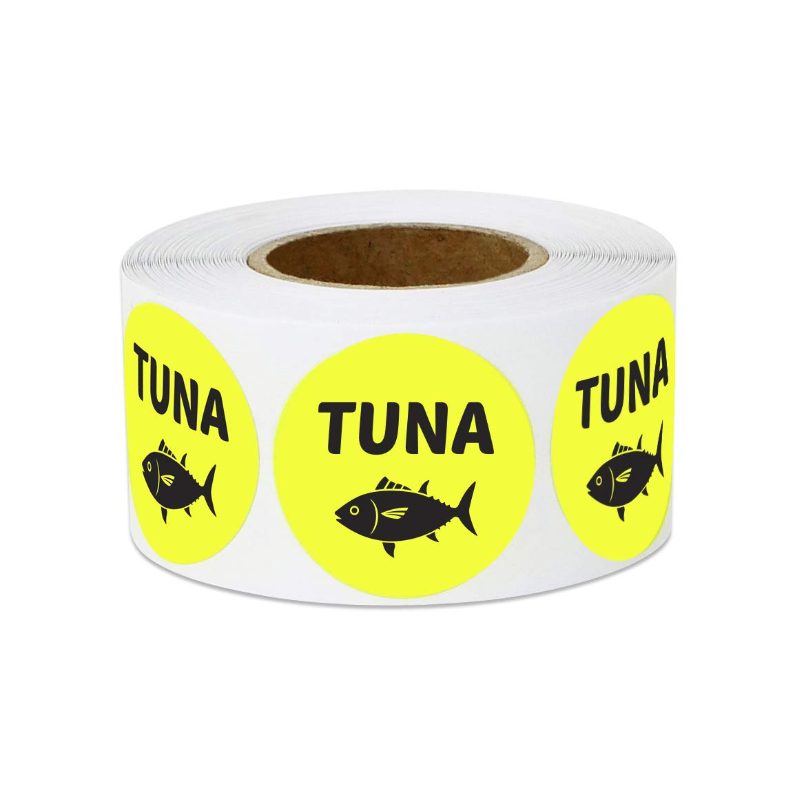 600 Tuna Stickers Labels, 1" Round Tuna Food Labels Seafood Menu Meal Choice Sticker Deli Pantry Catering Food Truck Grocery Store Meat Stickers Package Food Labeling, Yellow - 2 Rolls of 300 Labels