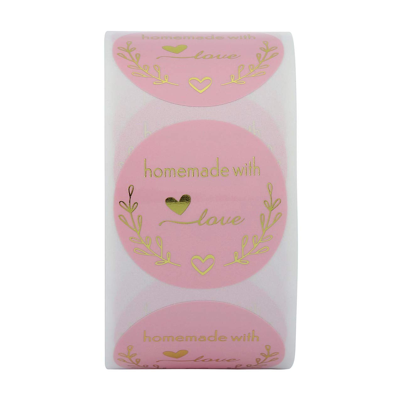 Yoption 1.5 Inch Round Homemade with Love Stickers Pink for Packaging, Cookie Bags, Small Shop Local Handmade, 500 Labels per Roll