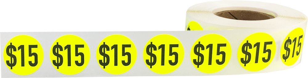 $15 Price Stickers Fluorescent Yellow .75 Inch Round Circle Dots 500 Total Adhesive Stickers
