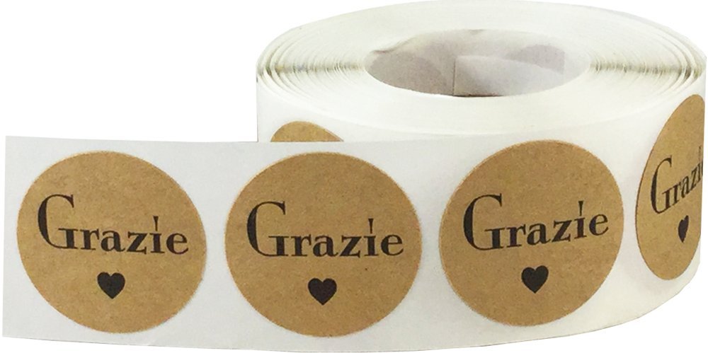 Grazie Italian Thank You Natural Kraft Adhesive Stickers 1 Inch Round Circle Dots 500 Labels Per Roll