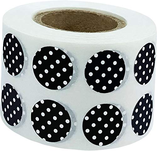 1/2" Inch Small Black Label with White Polka Dots, 1,000 Total Adhesive Stickers on a Roll for Efficient Inventory Management, Crafting Projects, and Organization in Offices, Schools, and Homes Black W White