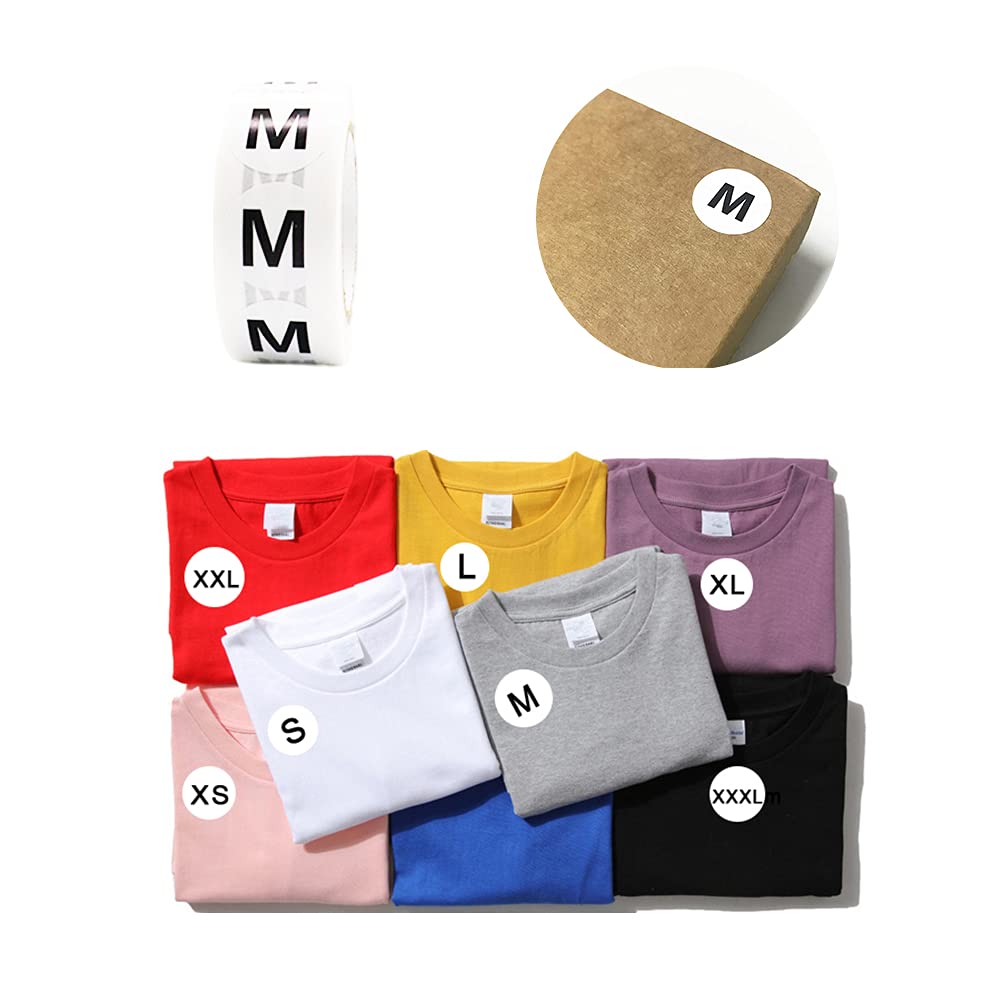 3500 PCS Clothing Size Stickers - Round Self Adhesive Labels, White with Black Text, 7 Sizes XS-XL, XXL, XXXL for T Shirts
