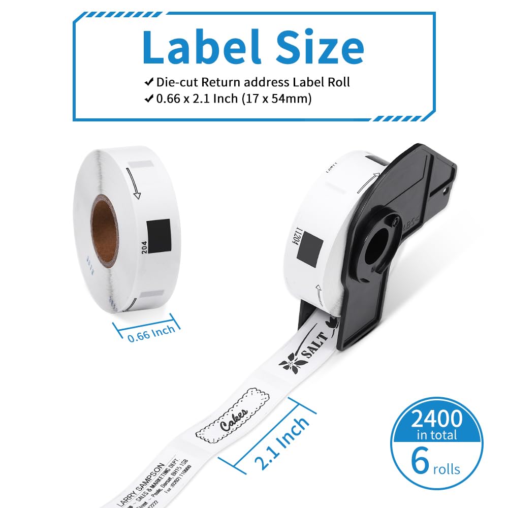 MarkDomain Compatible Brother DK 1204 Return Address Label, 0.66 in x 2.1 in(17mm x 54.3mm) Multi-Purpose Die-Cut Paper Labels, 400/ Roll, Use with QL-500 QL-550 QL-820NWB Printer, 6 Rolls + 1 Frame 0.66" x 2.1" Die-cut label