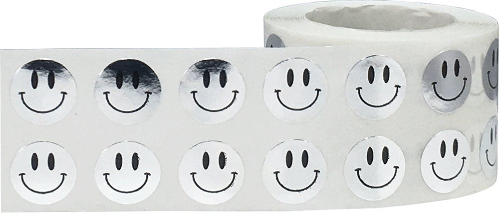 1/2" Inch Small Metallic Silver Happy Face Labels, 1,000 Total Adhesive Stickers on a Roll, Perfect for Kids Classroom Incentives, Motivational Chart Use