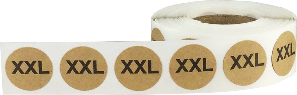 Brown Kraft Circle Clothing Size Stickers Pack, 3/4 Inch Round, Includes 1 Roll of XS, S, M, L, XL, and XXL, 500 Total Labels per Size