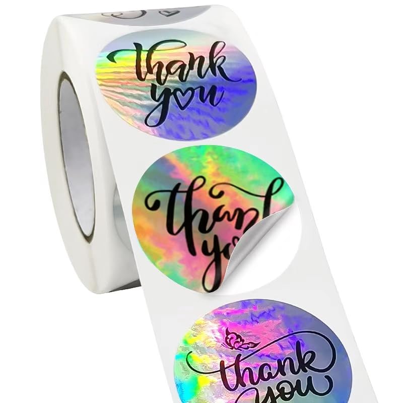 500pcs Silver Thank You Labels - Holographic Roll Adhesive Business Labels, Rainbow Holo Stickers for Boutiques Shop Wrapping Supplies