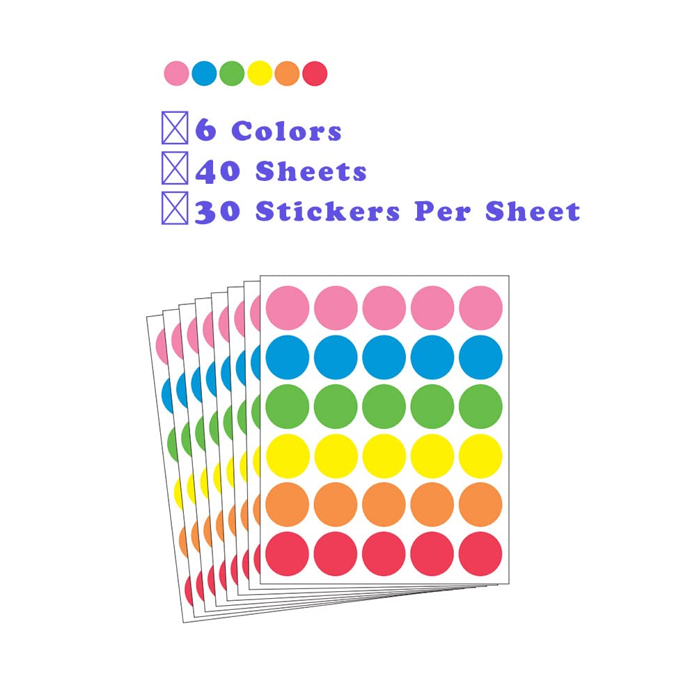 1 Inch Color Coding Label Price Stickers - Garage Sale Blank Yard Sale Round Permanent Adhesive Dots - 1200Pcs (6 Colors) 6 Colors