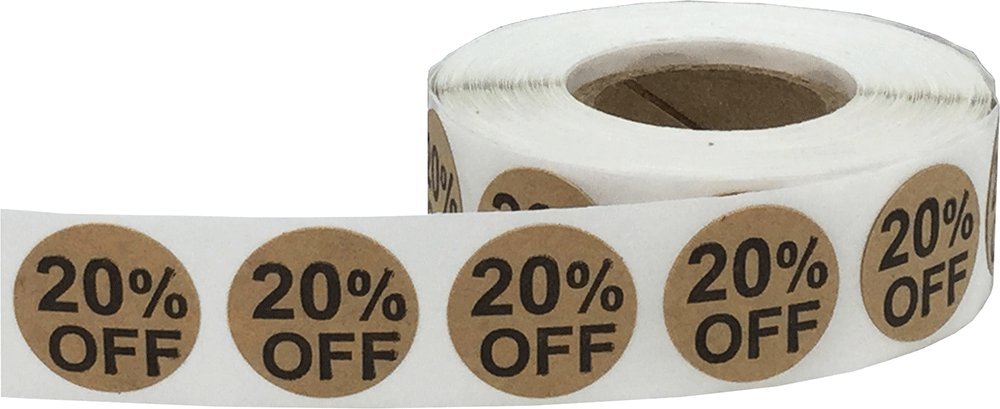 Natural Kraft 20% Percent Off Stickers for Retail 0.75 Inch 500 Adhesive Labels Natural Kraft 20