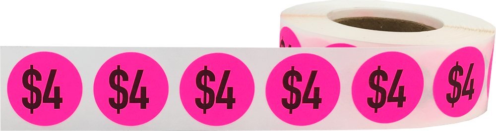 $4 Price Stickers Fluorescent Pink .75 Inch Round Circle Dots 500 Total Adhesive Stickers $4