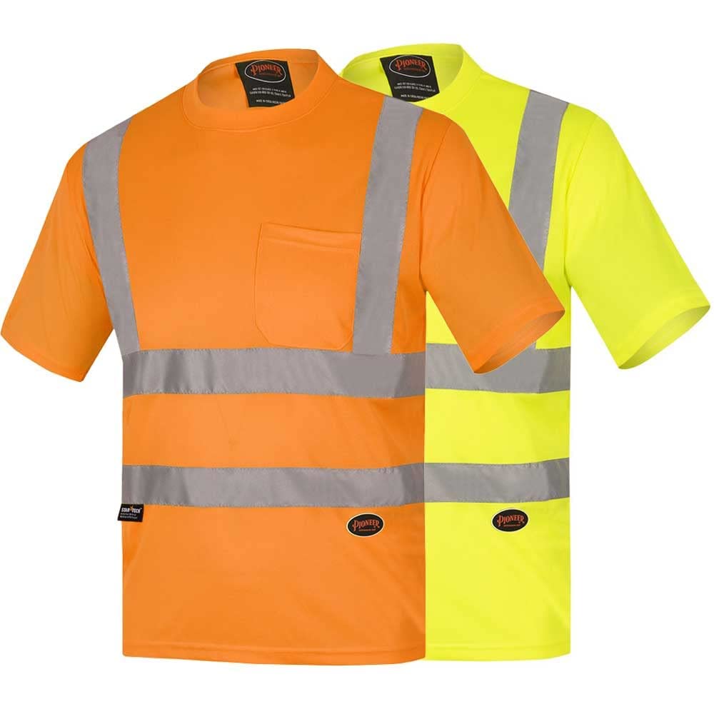 Pioneer Hi Vis Safety T Shirt for Men - Short Sleeve with Pocket- Reflective Tape for ANSI Class 2 Work - High-Visibility T-Shirt – Dry Wick, Lightweight Tee – Orange or Yellow/Green XX-Large