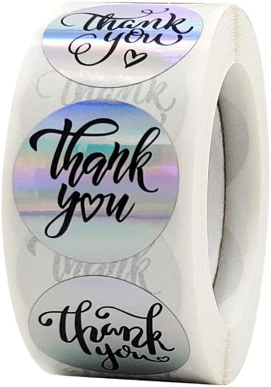 500pcs Silver Thank You Labels - Holographic Roll Adhesive Business Labels, Rainbow Holo Stickers for Boutiques Shop Wrapping Supplies