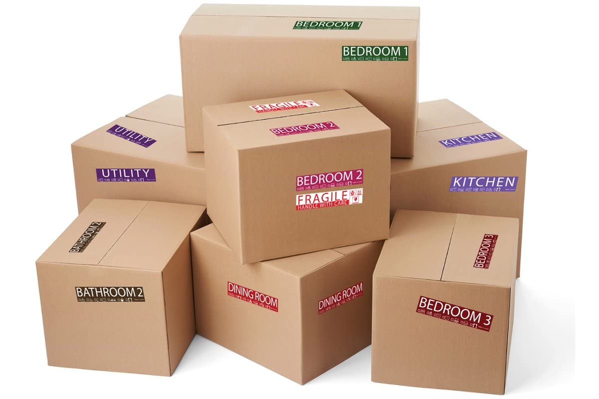 600 Home Moving Labels for 3 Bedroom House. 50 Labels per Room, 12 Color Coded Label Rolls. Fragile Label Included. for Moving Boxes, Moving Supplies, Wardrobe Boxes, Apartment Sticker