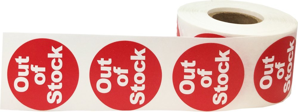Red with White Out of Stock Stickers, 1.5 Inches Round, 500 Labels on a Roll