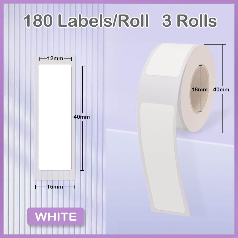 Label Maker Tape Compatible with Phomemo D30 Priner, White Sticker Thermal Paper Self-Adhesive Waterproof, 12 x 40 mm (0.47 x 1.57 in) 180 Labels/Roll, 3 Rolls