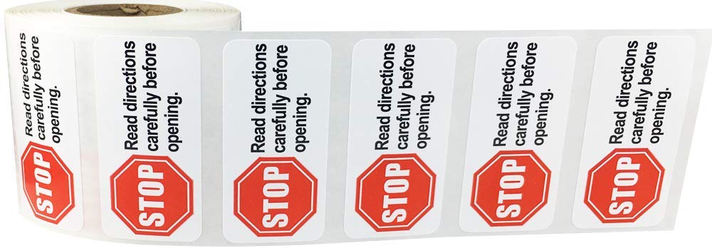 Stop Read Directions Carefully Before Opening Warning Labels 1 x 2 Inch Rectangle 500 Adhesive Stickers
