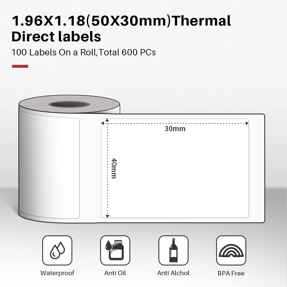 600 pcs Phomemo Labels for Label Printer, 1.96''x3.14''(50x80mm) Thermal Printer Sticker Papers,100Pcs Per Roll, Compatible with Phomemo M120/M110/M220/M200 / M150/M250,Black on White 1.96'' x 3.14'' (50mm x 80mm)