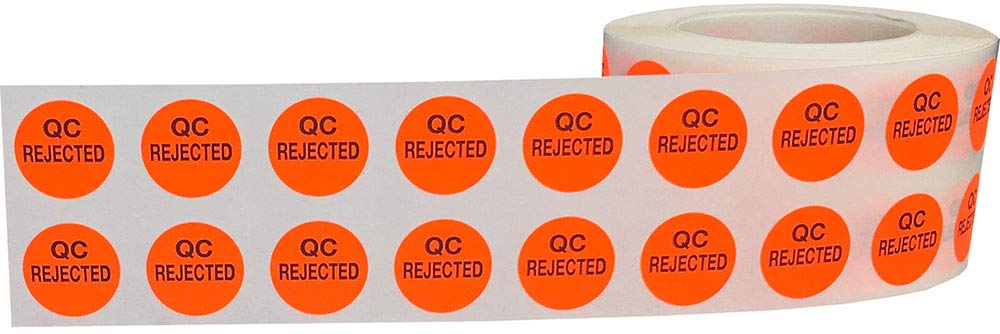Quality Control Rejected Stickers, QC Tester Labels on Fluorescent Red Paper, Suitable for Warehouse and Manufacturing, 1/2 Inch Round, 1000 Labels Per Roll