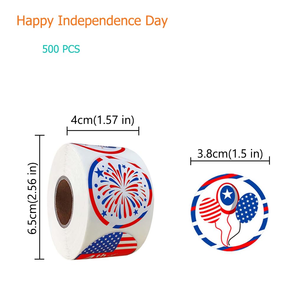 Patriotic Labels Stickers Independence Day Roll Stickers 500 Pcs 1.5" 4th of July Round Gift Tag for Envelope Seals Letter Wrap Cookies Party Gift Box Cards Present Deco