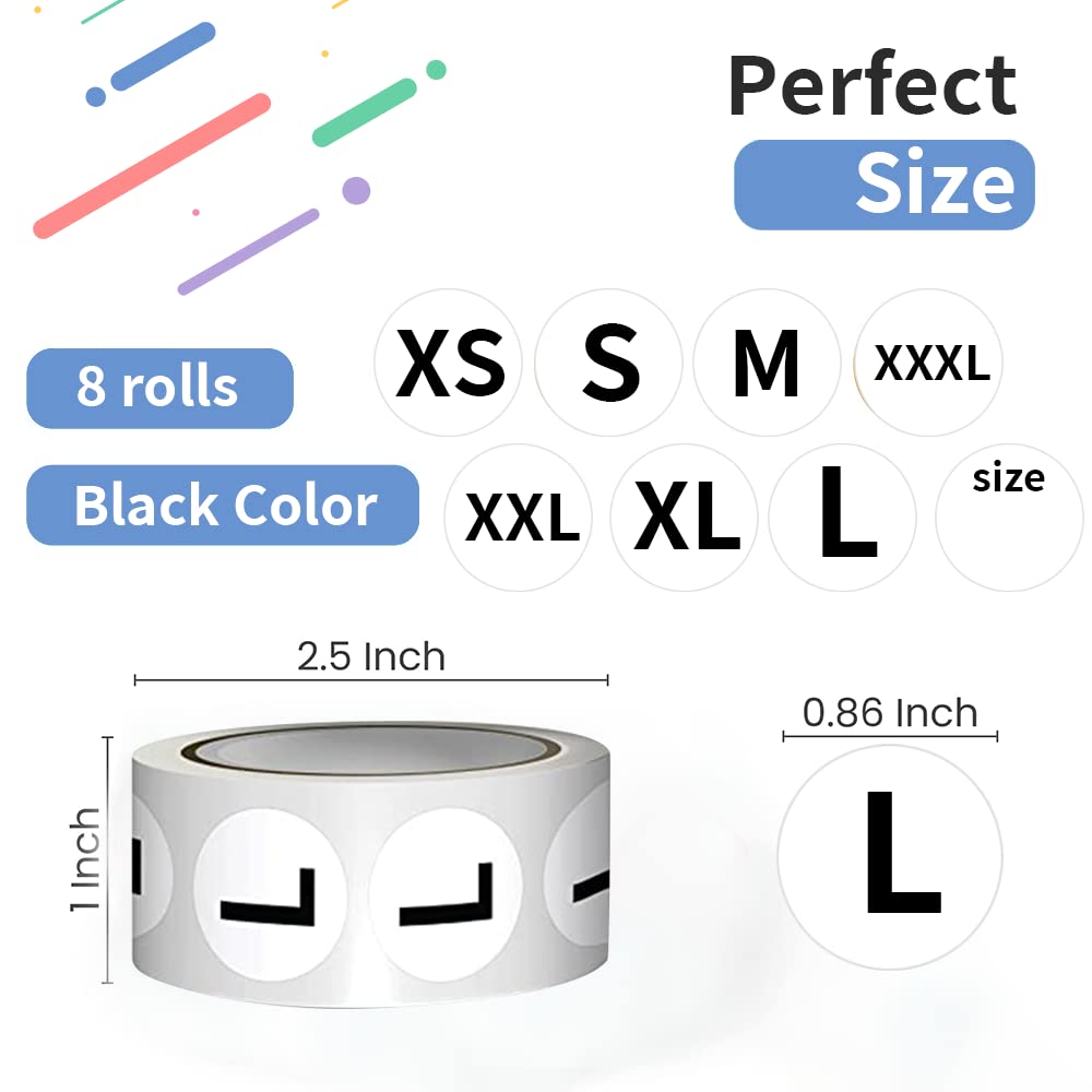 4000 Pcs Clothing Size Sticker Labels, Black Round Self Adhesive Clothing Size Stickers for Clothing T Shirt Pants Skirt Retail.(7/8” Each,8 Rolls,XS,S,M,L,XL,XXL,XXXL,Blank Size)