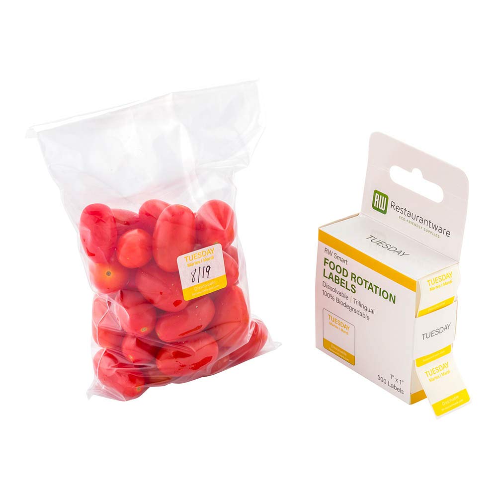 Restaurantware RW Smart 1 Inch x 1 Inch Food Rotation Labels 500 Dissolvable Food Safety Labels - Premium Trilingual Yellow Paper Day Of The Week Labels For Food Storage Or Prep Tuesday