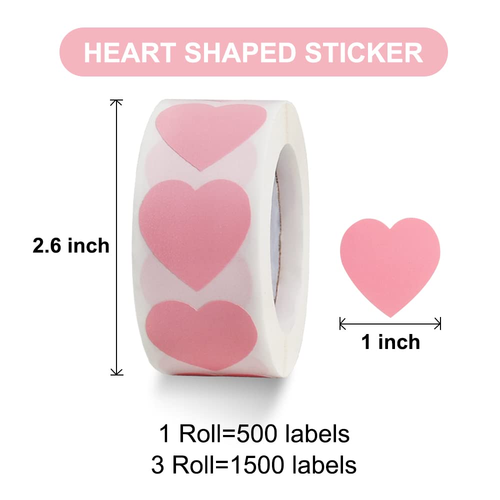 Vuzvuv 1500 Labels Pink Heart Stickers 1 inch Heart Coding Shape Paper Labels for Wedding Anniversaries Invitation Envelopes Cute Decals for Water Bottle Packaging
