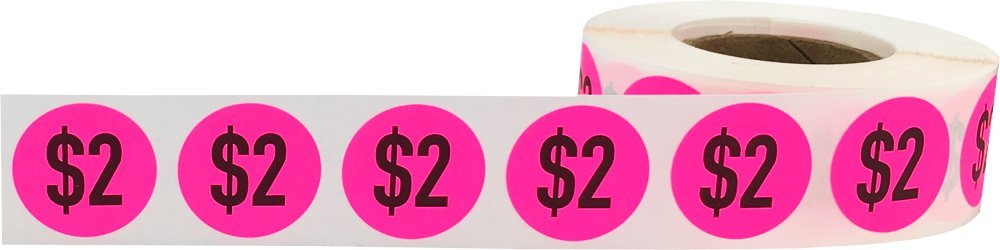 $2 Price Stickers Fluorescent Pink .75 Inch Round Circle Dots 500 Total Adhesive Stickers $2