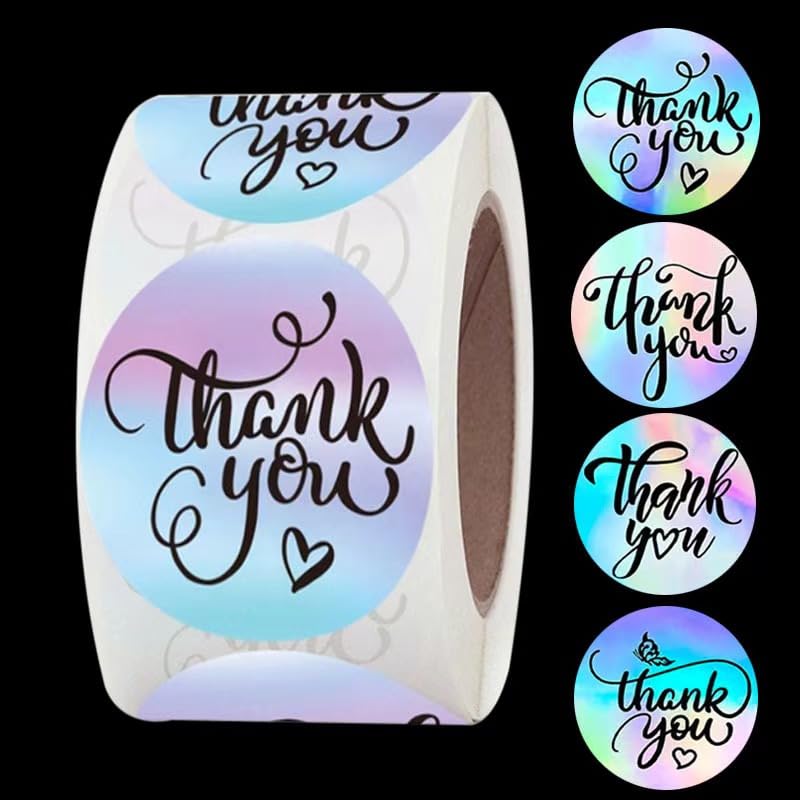 500pcs Silver Thank You Labels - Holographic Roll Adhesive Business Labels, Rainbow Holo Stickers for Boutiques Shop Wrapping Supplies