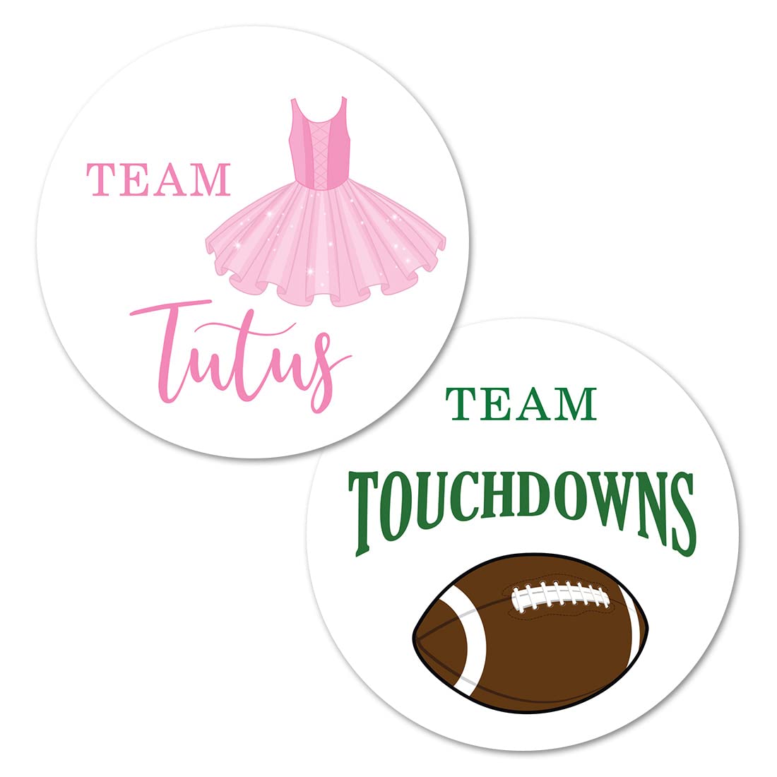2" Round Touchdown or Tutus Gender Reveal Stickers - 40 Labels (20 of Each Design)