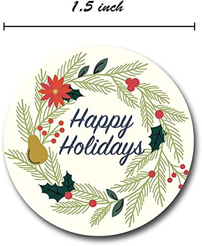 Ivory Holiday Floral Happy Holidays Stickers / 1000 White Wreath Christmas Labels Roll / 1.5" Round Envelope Seals/Made in The USA Ivory