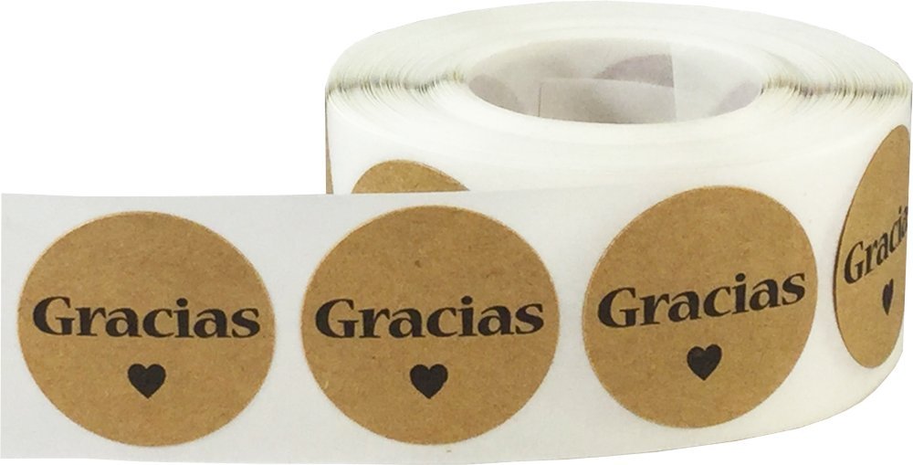 Gracias Spanish Thank You Natural Kraft Adhesive Stickers 1 Inch Round Circle Dots 500 LabelsPer Roll