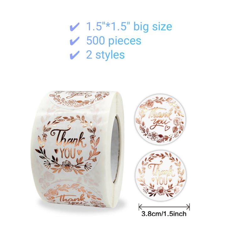 1.5Inch 500PCS Rose Gold Thank You Stickers Packaging Waterproof Stickers Self-Adhesive Labels Envelope, Graduation, Business, Birthdays, Weddings, Giveaways, Party Decoration(1.5in/3.8cm)