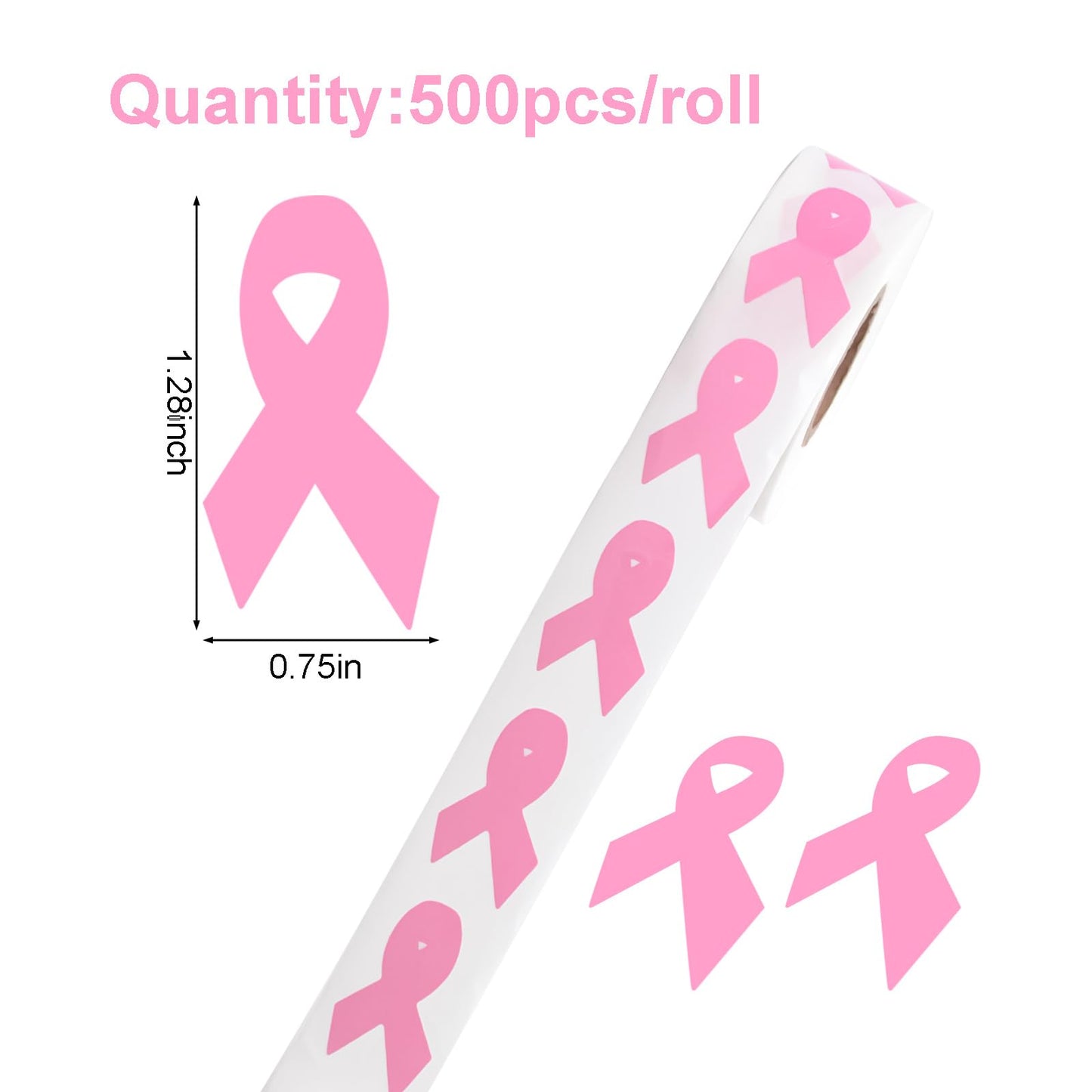 WANDIC 0.75 * 1.28in Pink Ribbon Awareness Sticker, 500 PCS Breast Cancer Awareness Stickers Adhesive Label Roll for Public Charity Fundraiser Events