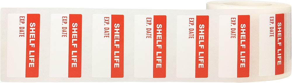 White and Red Shelf Life Labels, 3/4 x 1 1/2 Inch in Size, 500 Adhesive Stickers on a Roll
