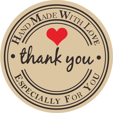 HYBSK Kraft Thank You Hand Made with Love with Red Heart Stickers 1.5" Inch Round Total 500 Adhesive Labels Per Roll (Kraft)