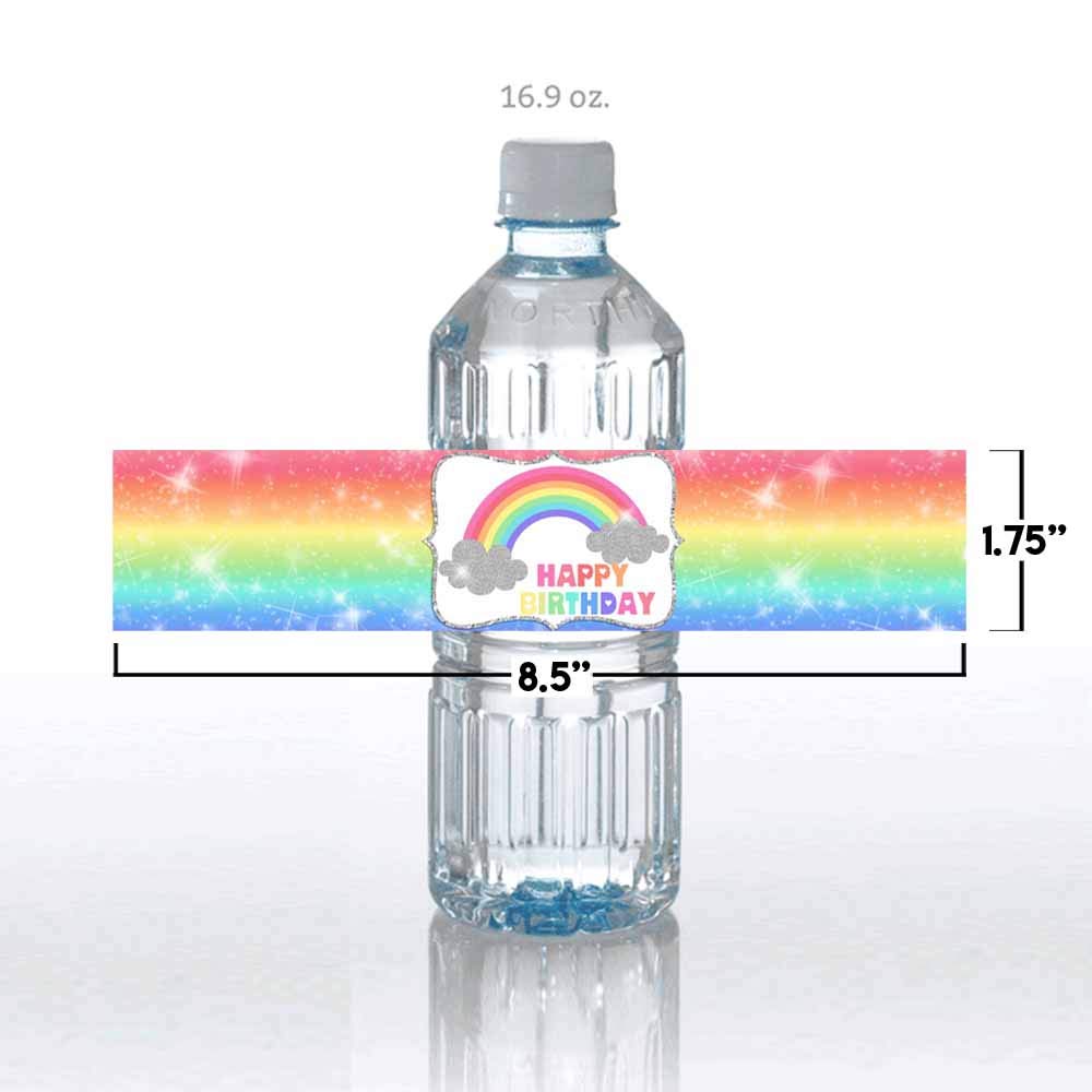 Rainbow Sparkle Themed Birthday Party Waterproof Water Bottle Sticker Wrappers, 20 1.75" x 8.5" Wrap Around Labels by AmandaCreation
